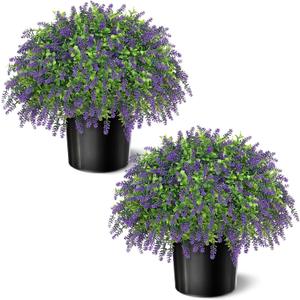 Artificial Boxwood Topiary Ball with Lavender - Set of 2 for Front Porch Decoration,Fake Bushes Potted Plants Faux Greenery Tree UV Resistant for Outdoor Indoor Garden Farmhouse Home Decor (Purple)