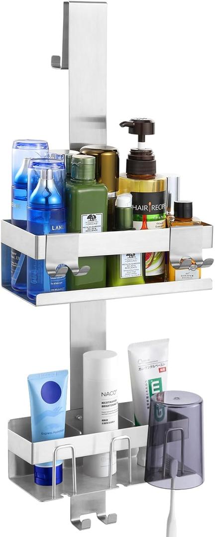 Over The Door Shower Caddy 2 Tier, 304 Stainless Steel Hanging Shower Caddy Rustproof Shower Shelves, No Drilling Hanging Shower Organizer for Bathroom Glass Door, Silver