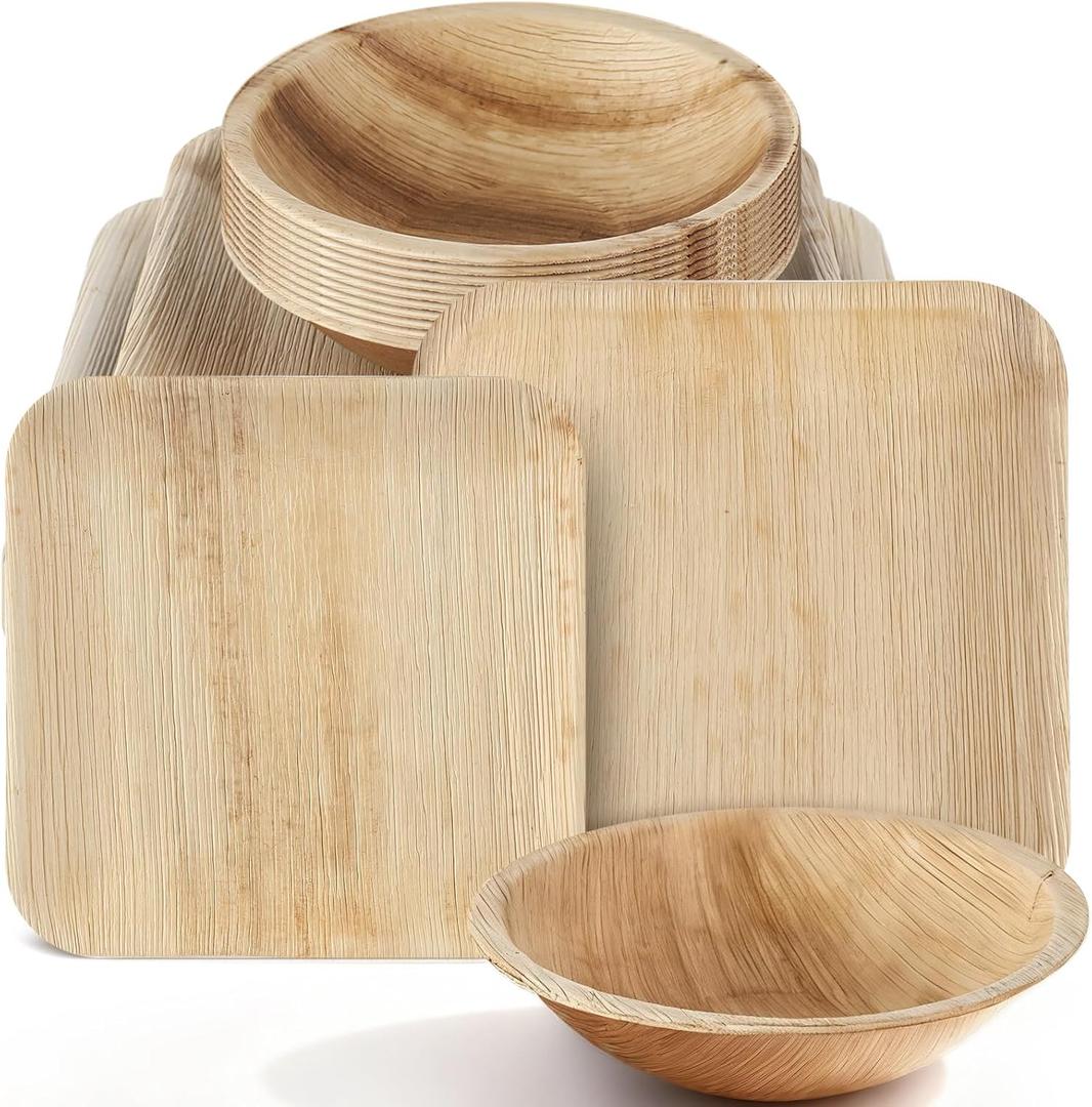 Havawish 75 Pcs Compostable Palm Leaf Plates and Bowls Set 16 oz Biodegradable Bowls 8 & 9 Inch Bamboo Paper Disposable Plate for Party Dinner Bulk Party Dinnerware Supplies for 25 Guests