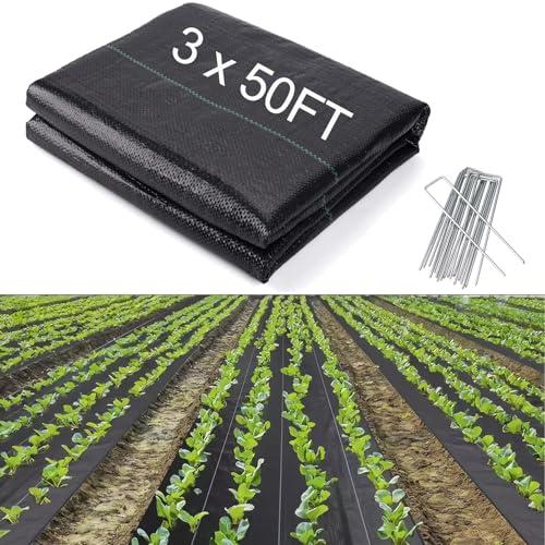AMORBASE Weed Barrier Fabric Heavy Duty, Landscaping Fabric, 3x50FT 3.2oz | Degradable| Garden Weed Control Mat, Ground Cover for Gardening, Farming with 10pcs Securing Pegs Stakes - Black (1 Pack)