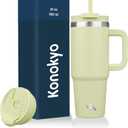 Konokyo 30 oz Tumbler with Handle and 2 Straws,2 in 1 Lid Insulated Water Bottle Stainless Steel Travel Coffee Mug,Macaron Green