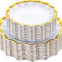 DaYammi 60Pcs White Plastic Plates with Gold Rim,Gold Disposable Plates - Heavy duty Plastic Plates Include 30 Dessert Plate,30 Dinner Plate,White gold Scalloped plates for Party Wedding