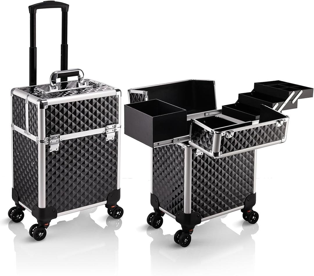 Stagiant Rolling Makeup Train Case Large Storage Cosmetic Trolley 4 Tray with Sliding Rail Removable Middle Layer with Key Swivel Wheels Salon Barber Case Traveling Cart Trunk (Pro Black)