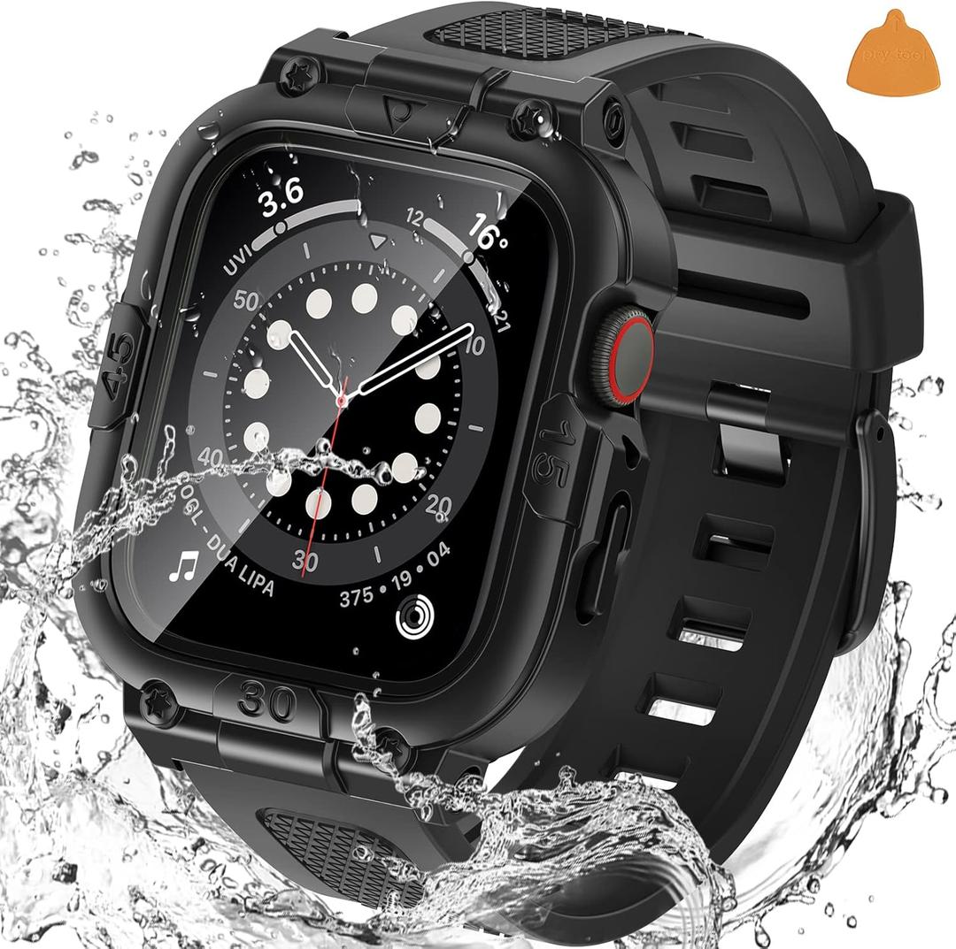 Goton 3 in 1 Waterproof Case with Band for Apple Watch with Built-in Tempered Glass Screen Protector 44mm, 360 Shockproof Bumper Face Cover with Band for Apple Watch SE 3/SE 2/SE, Series 6/5/4, 44mm (Black)