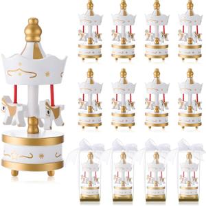 Flutesan 12 Sets Wooden Carousel Christmas Party Favors Baby Shower Favors Game Prizes Carousel Baptism Gifts for Guests with Independent Packaging Box and Bowknot for Birthday Carnival