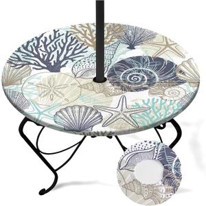 Coastal Beach Round Outdoor Tablecloth with Umbrella Hole, Plaid Fitted Table Cover with Zipper, Waterproof Windproof Umbrella Table Cloth with Elastic(36''-44'')