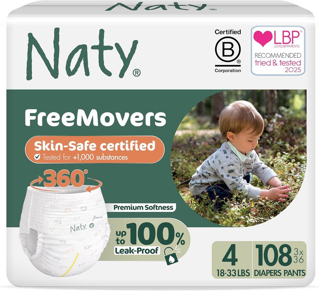 Naty FreeMovers Pull Up Training Pants for Sensitive Skin | Hypoallergenic Potty Training Underwear | Absorbent & Leak-Proof for Toddler | Soft, Unscented | Size 4, 2T3T (1833 lbs), 108 Count