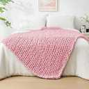 Bigacogo Chunky Knit Throw Blanket for Couch, 40x60 inches, 100% Hand Knitted with Thick Jumbo Chenille Yarn, Cozy Soft Large Rope Knot Cable Crochet Blankets for Sofa Bed Living Room, Blush Pink