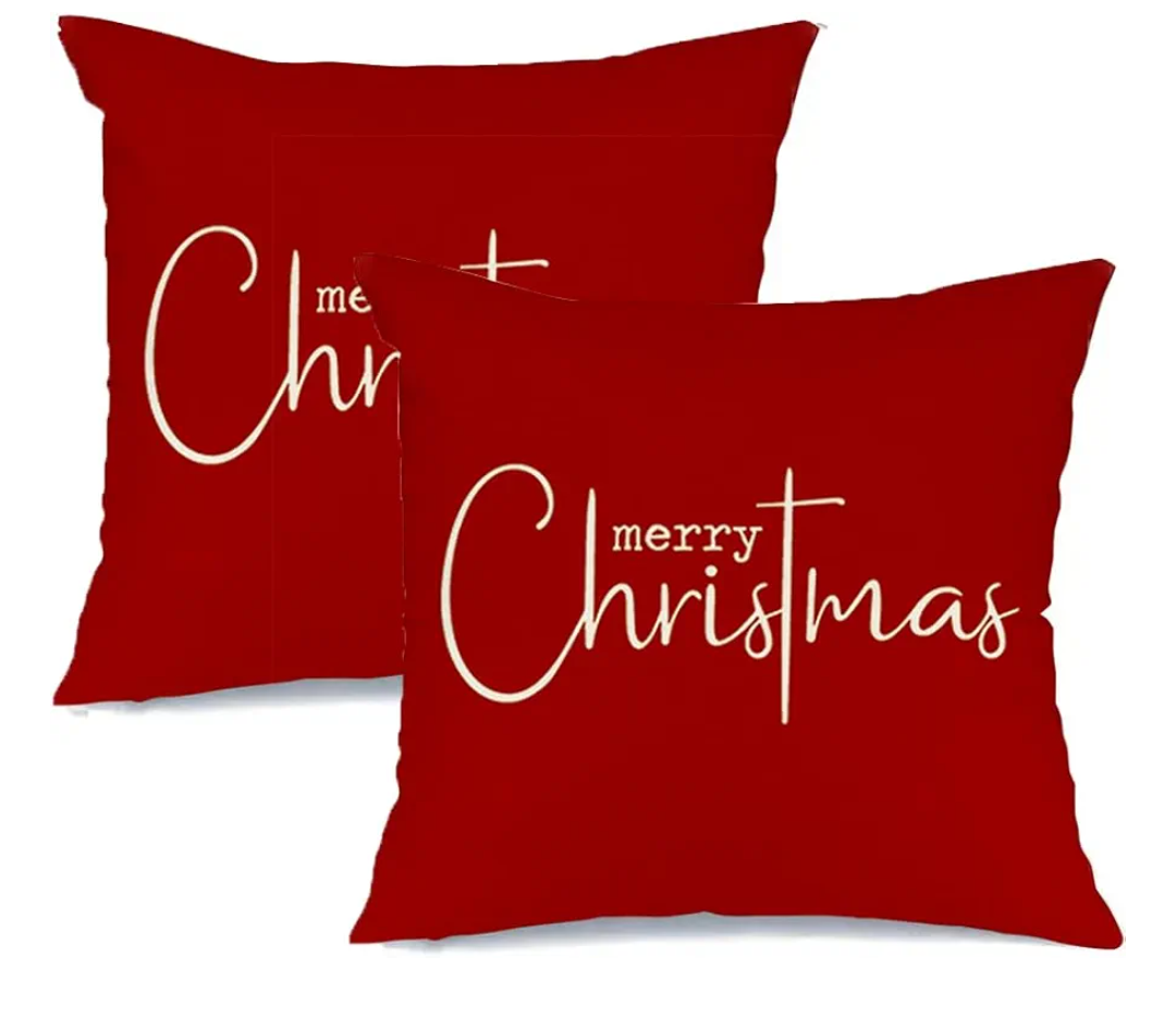 RABUSOFA Christmas Pillows Decorative Throw Pillows,Merry Christmas Pillows Covers 18x18 Inch Set of 2,Xmas Red Cushion Covers Christmas Decorations for Holiday Winter Couch