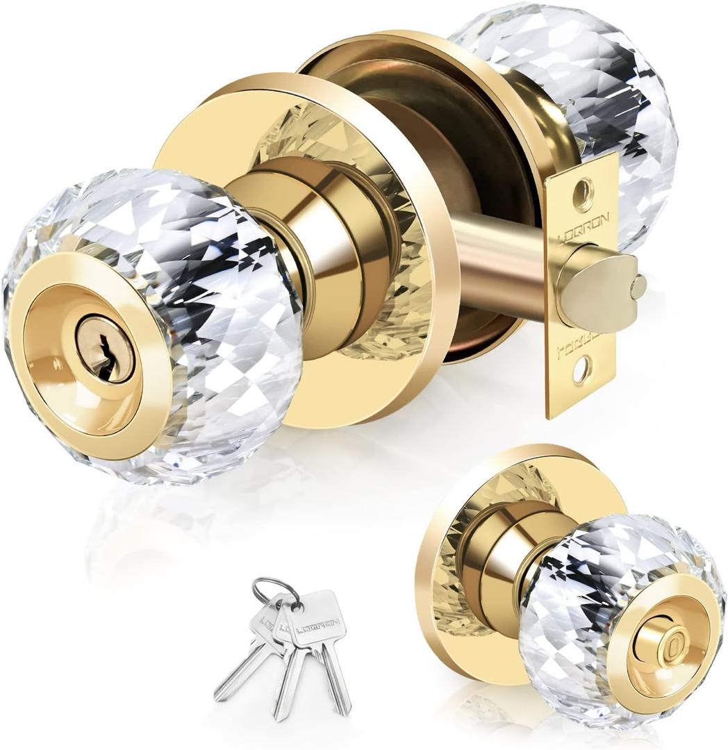 Crystal Door Knobs with Lock and Keys with Privacy Lock, Luxurious Diamond Classic Interior Glass Door Knobs for Bedroom Bathroom Gold,1 Pack