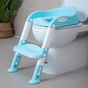 Potty Training Toilet Chair Seat with Step Stool Ladder for Kids and Toddler Boys Girls - Foldable Height Adjustable Children Toilet Training Seat with Safe Handles & Anti-Slip Pads, Blue-White (Blue)