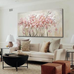 YJYart White Floral Oil Painting Canvas Art Wall Decor Modern Botanical Picture Graffiti Wall Art for Bedroom Living Room Kitchen Office 24" x 48" (Pink)