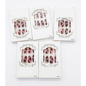 French Tip Press on Nails Short Square Flower Fake Nails Blue False Nails with White Hibiscus Glitter Rhinestones Designs Glossy Glue on Nails Acrylic Nails for Women Girls 24Pcs (Style11)