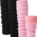 Shihanee 2 Pairs Winter Fleece Lined Leg Warmers for Women Warm Long Boot Socks Knit Thick Calf Warmers for Skating Walking (Black,Pink)