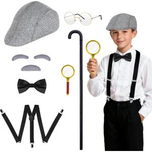 7Pcs Grandpa Old Man Costume Kit - Hat, Glasses, Cane, Bow Tie, Suspenders, Magnifying Glass, Gray Mustache and Eyebrows