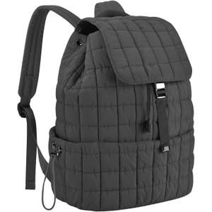 Structured Puffy Quilted Puffer Backpack, 7 Pockets & Tablet Compartment for Travel, Metal Buckle & Drawstring Closure, Black
