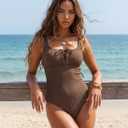 Aleumdr Womens Textured One Piece Swimsuit Tummy Control Bathing Suit Tie Knot Cutout Swimwear (Brown, M)