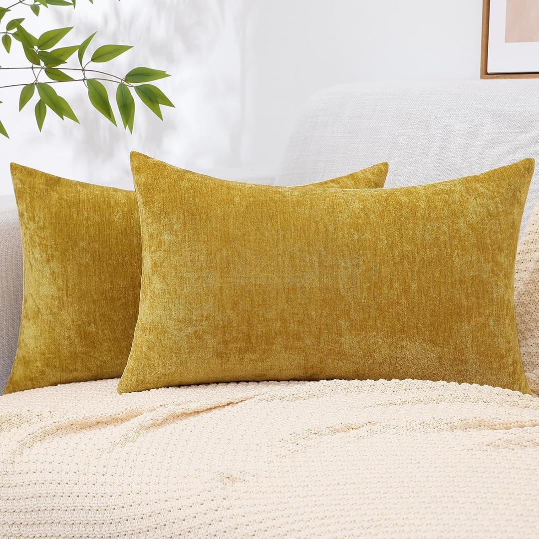 decorUhome Chenille Mineral Yellow Throw Pillow Covers 12x20 Inch Set of 2, Decorative Soft Couch Pillow Covers Solid Dyed Accent Farmhouse Neutral Rectangle Pillow Cases for Sofa Mineral Yellow, 20" x 12" (Pack of 2)