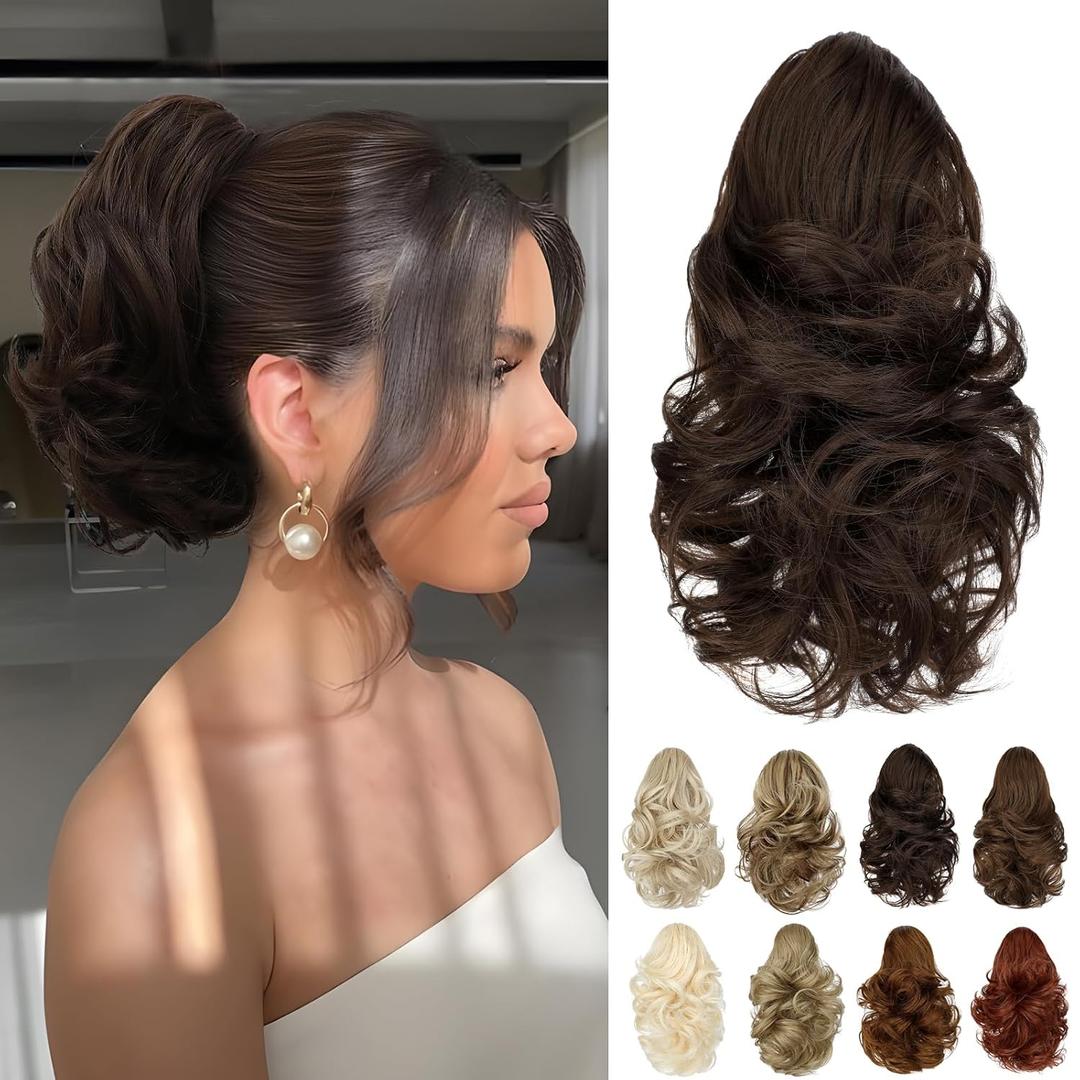 Ponytail Extension 10" Claw Clip Short Wavy Pony Tails Medium Brown Natural Looking Synthetic Hairpiece for Women