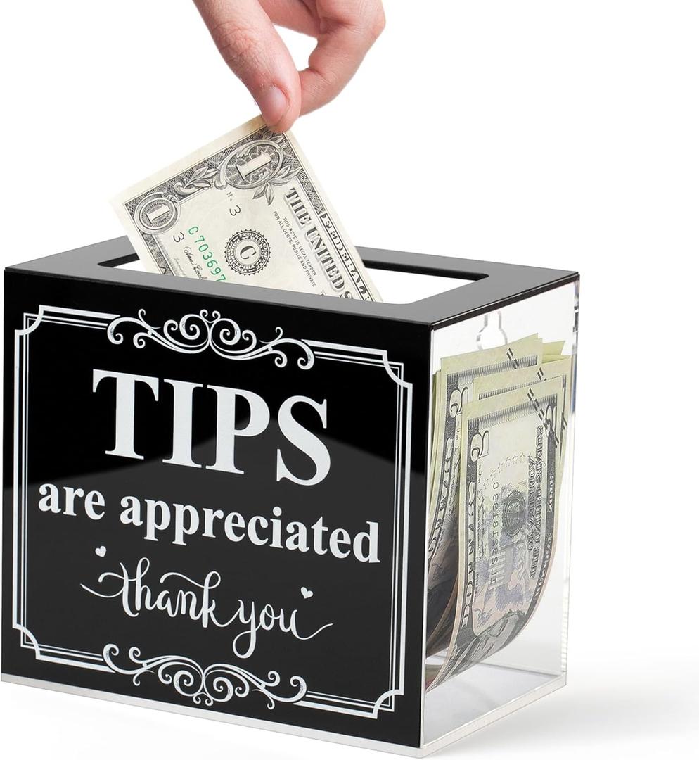 Lesnala Acrylic Tip Jar for Money Donation Raffle Cash Collection Storage Box for Bartender Bars Restaurants Musicians Drive and More 6 X 4 X 5 Inch (Black,transparent)