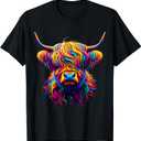Colorful Highland Cow T-Shirt (Gray, M)