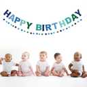 2 PCS Pre-Strung 3D Felt Happy Birthday Banner - Reusable Blue and Green Happy Birthday Decorations Sign, Handmade Wool Felt Ball Garland, Pom Pom Garland, Party Decor, Photo Prop
