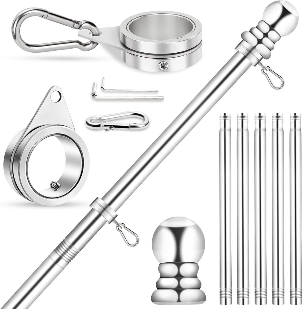 Flag Pole for House, REERON 6 FT Stainless Steel Spinning Flagpole Kit, 1" Rustproof Porch Flagpole with 360 Tangle Free Metal Flagpole Ring for Residential Outdoor Sport for 3x5 Flag, Without Holder