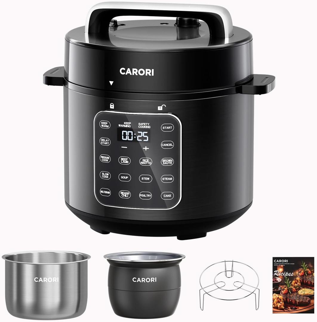 CARORI 6Qt Pressure Cooker, 9-in-1, 12 Presets IMD Touchscreen, Safe Vent, Multi-Mode: Slow Cook, Rice Cook, Steam,Dual Inner Pots (Stainless Steel & Non-Stick),1000W,Black
