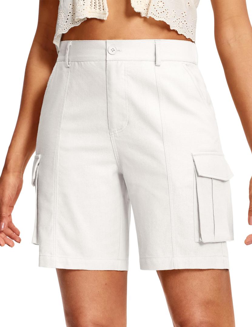 ISEEGZ Linen Shorts for Women 5"/ 7", Size 14 (White)