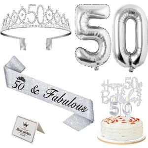 50th Birthday Decorations for Women Silver with 50th Birthday Sash and Crown, Cake Topper and Candles, Silver Number Balloons, 50 Year Old Gifts for Women