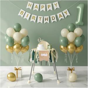 First Birthday Decorations - Complete Party Set with High Chair Banner, Number 1 Balloon, One Cake Topper, Crown, Balloons & Birthday Banner(Green)