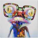 JAPO ART Happy Frog with Glasses Canvas Wall Art Funny Colorful Animal Red Eyed Tree Frog Wall Art Pictures Hand Painted Painting Framed Artwork for Kidroom Bedroom 16x16Inch (15.8L" x 6.3W")