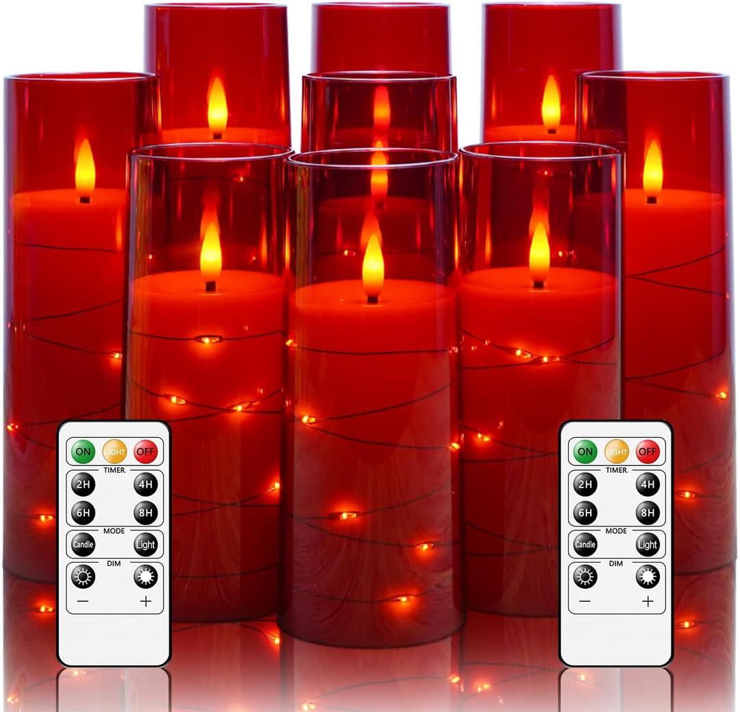 Flameless LED Candles with Timer 9 Pc Flickering Flameless Candles for Romantic Ambiance and Home Decoration Stable Acrylic Shell,with Embedded Star StringBattery Operated CandlesRed