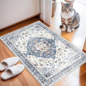 Enkor Area Soft Rugs 2x3 Washable Non Slip Boho Small Floor Entryway Rugs for Living Room Bedroom, Vintage Style Farmhouse Mat for Kitchen Blue & White