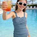 Girls One Piece Swimsuits Ribbed Ruched Bathing Suit for Girls Twist Front Ruched Beachwear 9-16Y