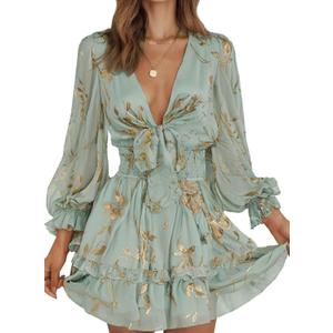 Dokotoo Womens Casual Spring Fall 2025 Deep V Neck Knotted Tiered Chiffon Elegant Mini Short Swing Skater Dresses (Medium, 4 Green)