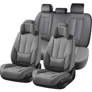 Coverado Universal Seat Covers Full Set, 5 Seats Universal Seat Covers for Cars, Waterproof Nappa Leather Car Seat Covers with Head Pillow, Auto Protectors Fit for Most Sedans SUV Pick-up Truck-Gray