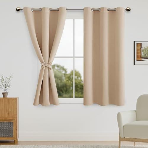 Beige Curtains for Bedroom with Tiebacks - Room Darkening Privacy Grommet Top Window Curtains for Living Room, 42 x 54 inch Length, Beige, Set of 2