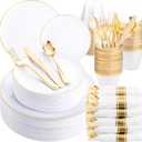 WELLIEFE 700 PCS Gold Plastic Dinnerware Set for 100 Guests, Party Plates Disposable, Include: 100 Dinner Plates, 100 Dessert Plates, 100 Gold Plastic Silverware Set, 100 Napkins, 100 Cups