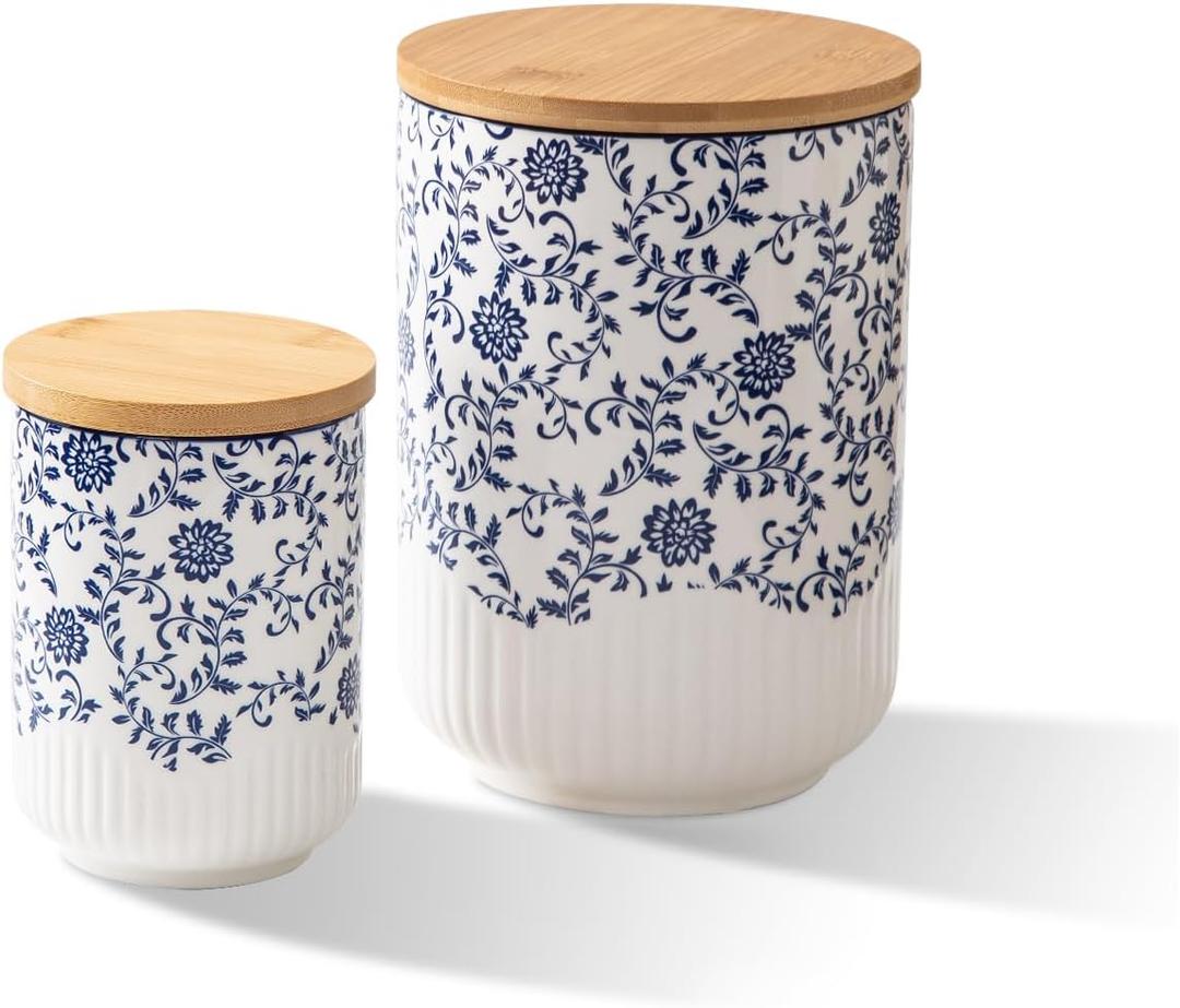 Canisters Sets for the Kitchen - 2 Pcs 74/18 oz Ceramic Kitchen Containers for Countertop with Airtight Wood Lids - Flour and Sugar Containers for Coffee Tea Spice Beans Cookie Jars - Blue