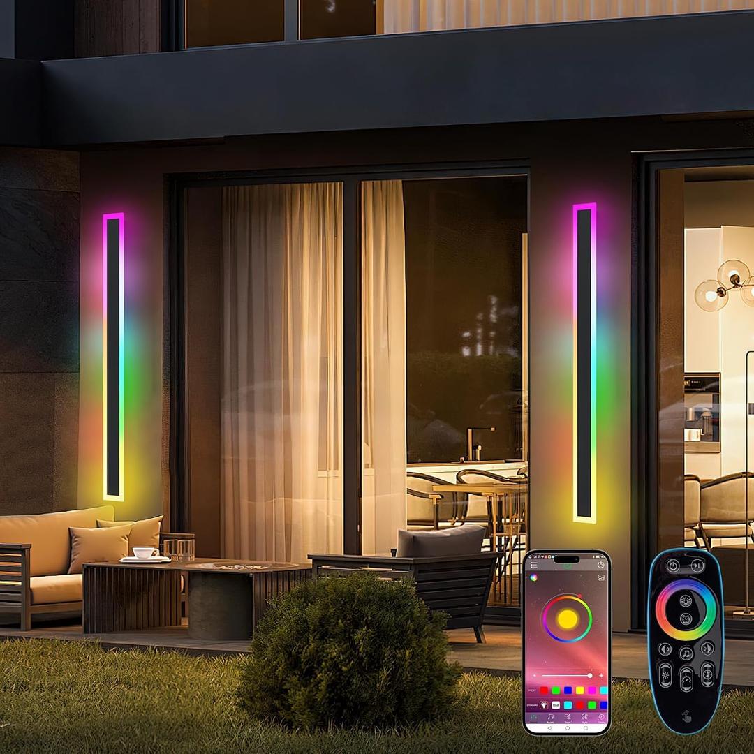 Outdoor RGB Long Wall Lights, 47.2inch 2 Pack RGB/Warm/White Dimmable Modern Led Wall Lighting, Ip65 Waterproof Long Wall Sconce with Remote and APP Control for Outdoor/Indoor