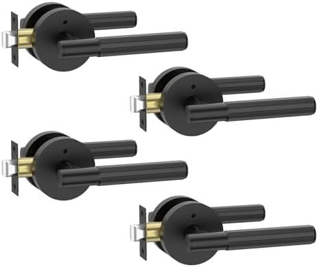 Amerdeco 4 Pack Matte Black Door Handles Interior,Knurled Privacy Door Handles with Lock,Heavy Duty Black Door Lever for Bedroom or Bathroom,Reversible Keyless for Left Right Handed Doors AM0033