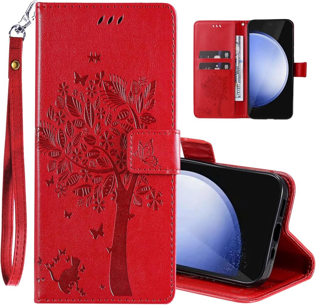 for Samsung Galaxy S25 Case Wallet for Women Man,PU Leather Tree Cat Flowers Embossed Wrist Strap Card Slots Pocket Kickstand Flip Protective Phone Case Cover for Samsung Galaxy S25 Red