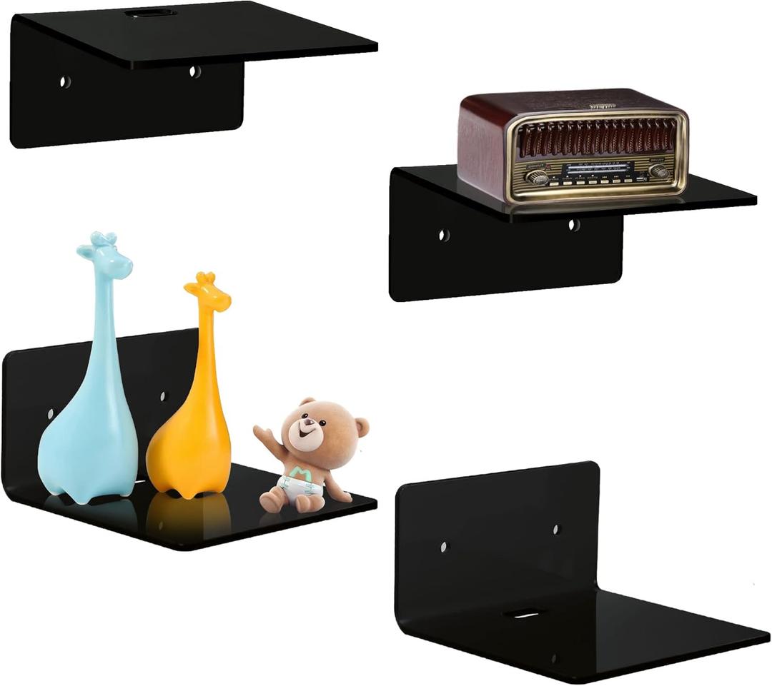 4 Pack Small Acrylic Floating Shelves, 4'' Acrylic Wall Shelves Display Ledges for Storage & Decoration, Mini Shelves for Wall with 2 Types of Installation (Adhesive or Screw) (Black)