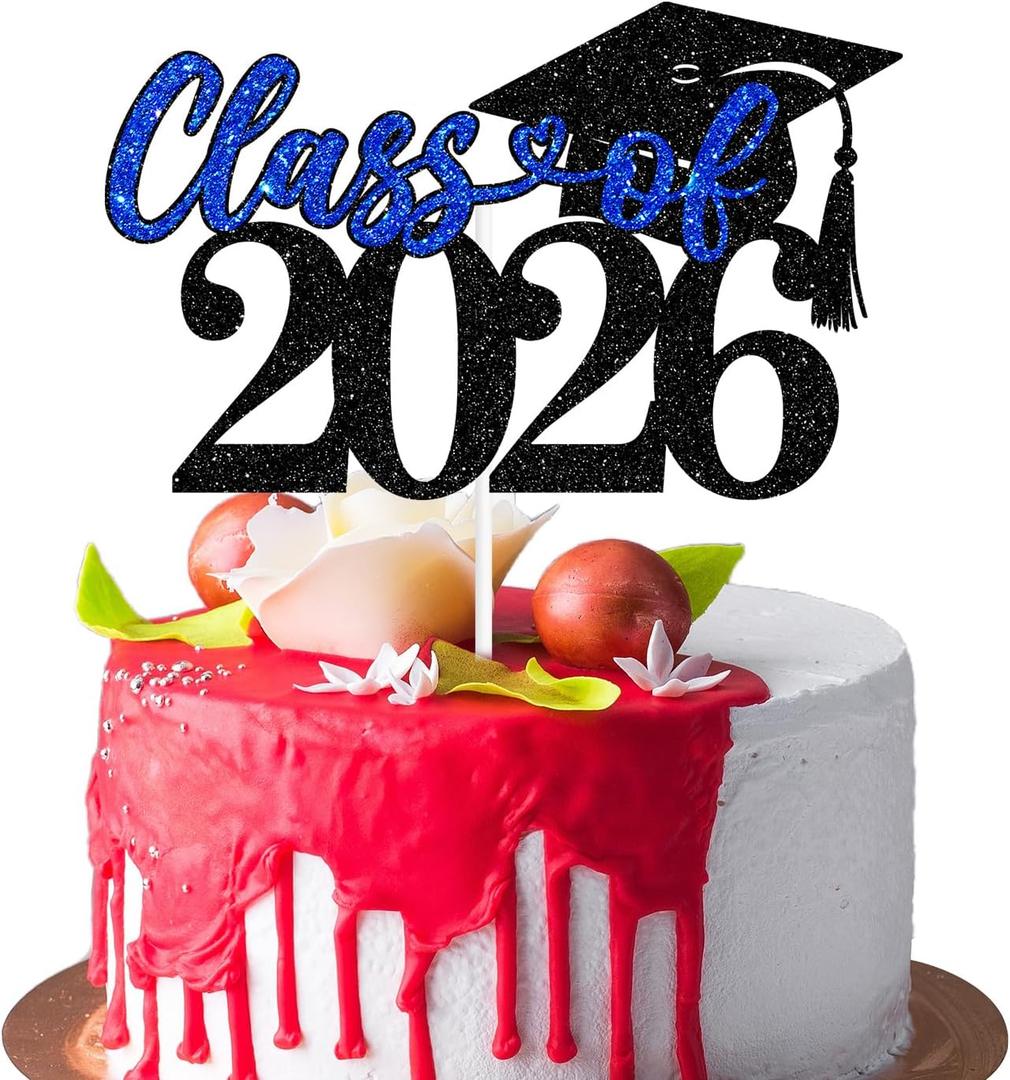 5 x Class of 2026 Cake Topper, Congrats Grad/You Did It, Congratulations High School College Graduation Party Decorations, Black and Blue Glitter, (Assorted )