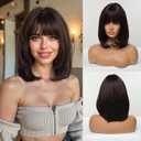 Esmee 14 Inches Short Dark Brown Wig with Bangs Slightly Curly Hair Ends Natural Synthetic Hair Straight Wigs for Women Daily Party Cosplay Wear