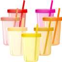 Youngever 7 Sets Plastic Kids Cups with Lids and Straws, 7 Reusable Toddler Cups with Straws in 7 Pink Colors (7 Count (Pack of 1))