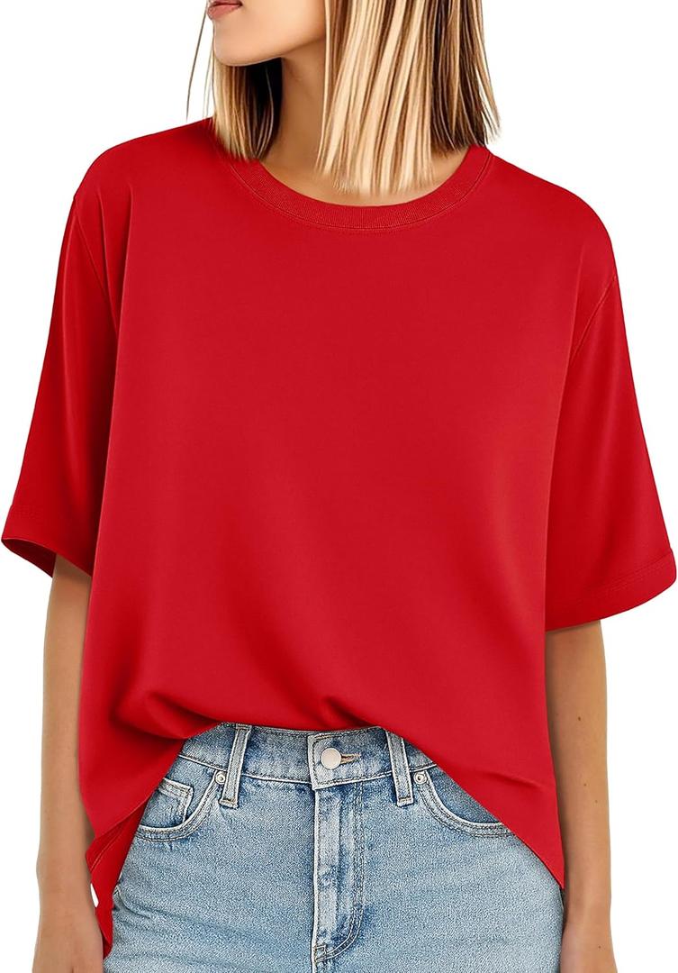 YUCOLEN Women's T Shirts Oversized Full Cotton Summer Tops Short Sleeve Crewneck Casual Loose Fit Basic Tee Shirts (Red)