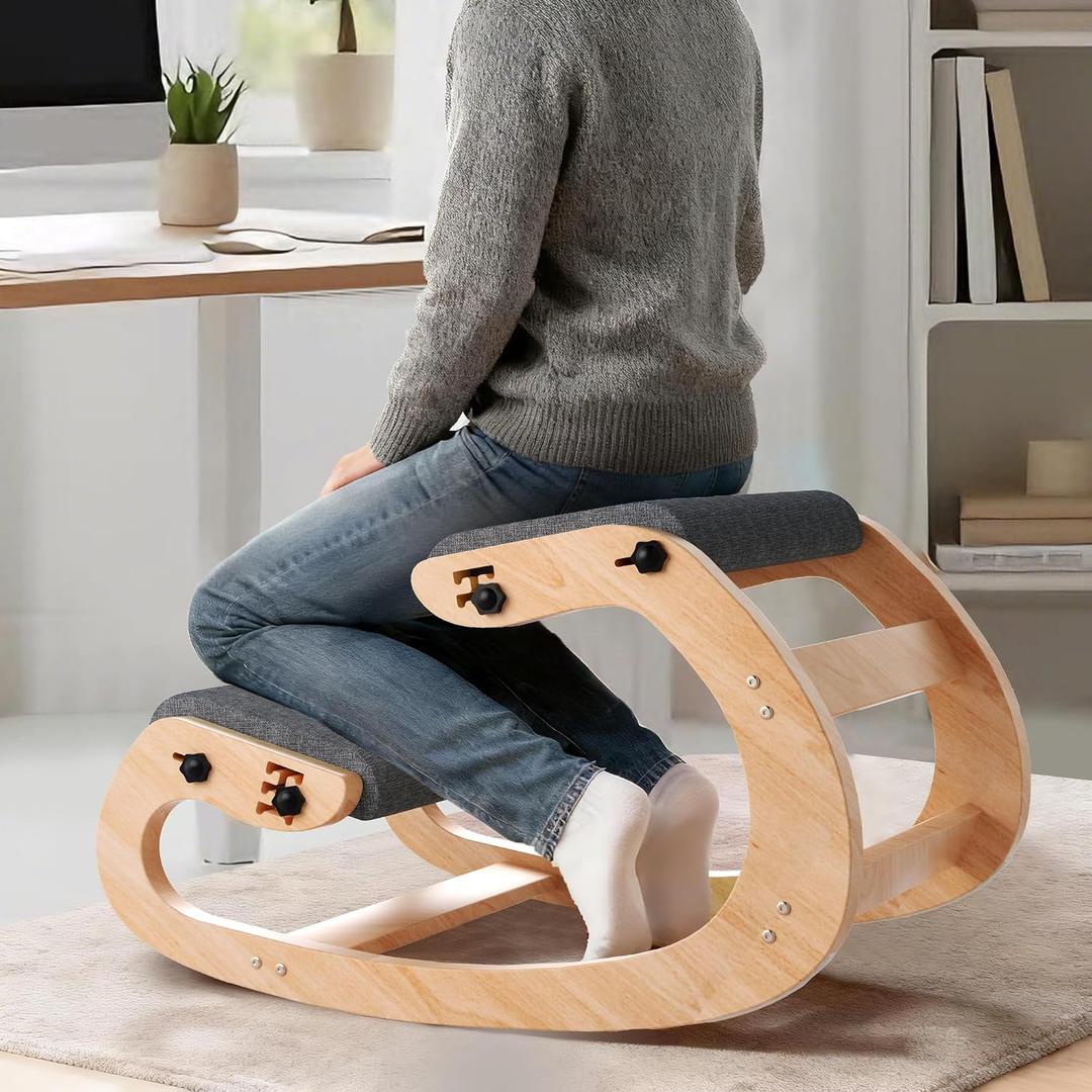 Ergonomic Kneeling Chair with Wooden Frame - Adjustable Height Office Chair with Soft Padding for Back Pain Relief, Posture Correcting Home & Office Desk Chair Wood
