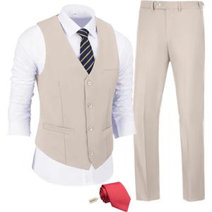 JPF Men's 2 Piece Slim Fit Suit Set, Solid Vest and Pants Suit for Men with Tie (X-Large, Light Champagne)